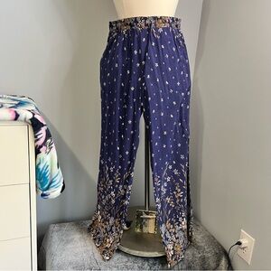 Breeze Ever M Blue Brown Wide Leg Pants Elastic Waist Pockets